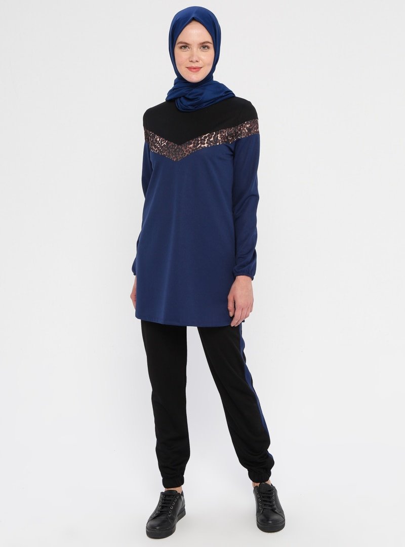 La Giza Fashion İndigo Leopar Şeritli Tunik&Pantolon İkili Takım