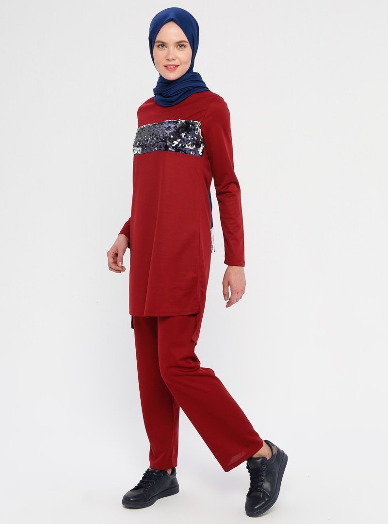 La Giza Fashion Bordo Pul Payet Detaylı Tunik&Pantolon İkili Takım