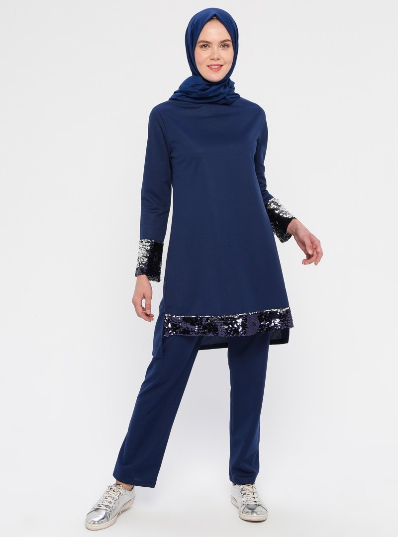 La Giza Fashion İndigo Pul Payet Detaylı Tunik&Pantolon İkili Takım