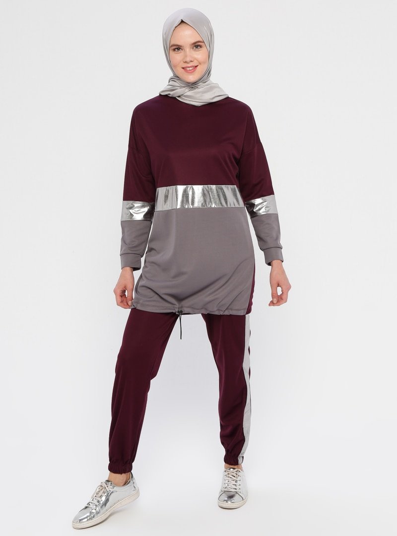 La Giza Fashion Mürdüm Parlak Şeritli Tunik&Pantolon İkili Takım