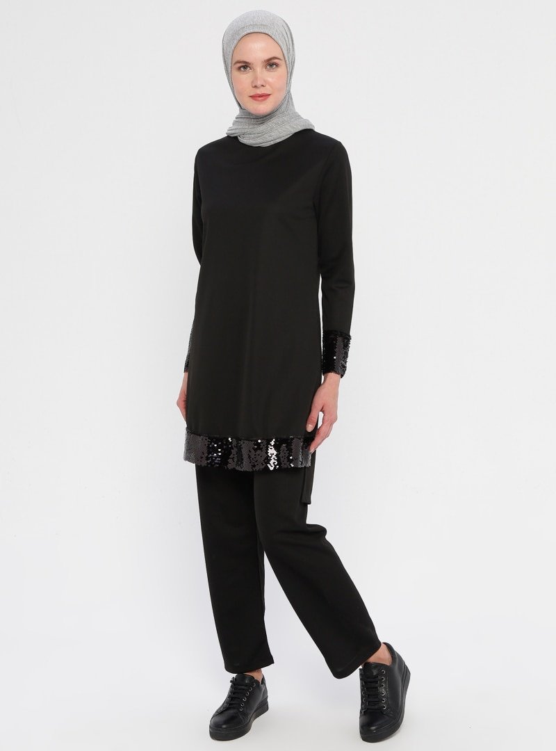 La Giza Fashion Siyah Pul Payet Detaylı Tunik&Pantolon İkili Takım