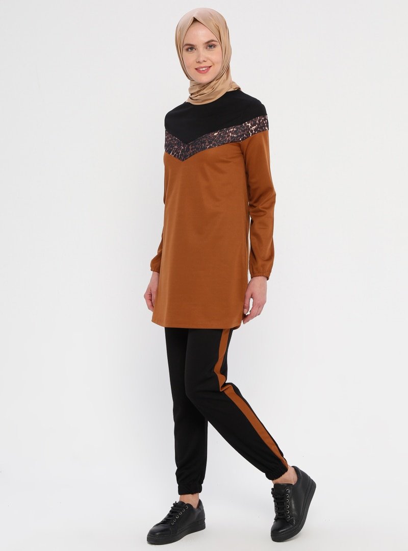 La Giza Fashion Tarçın Leopar Şeritli Tunik&Pantolon İkili Takım