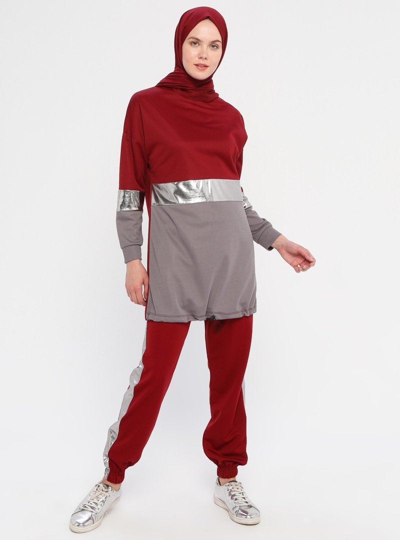 La Giza Fashion Bordo Gri Parlak Şeritli Tunik&Pantolon İkili Takım