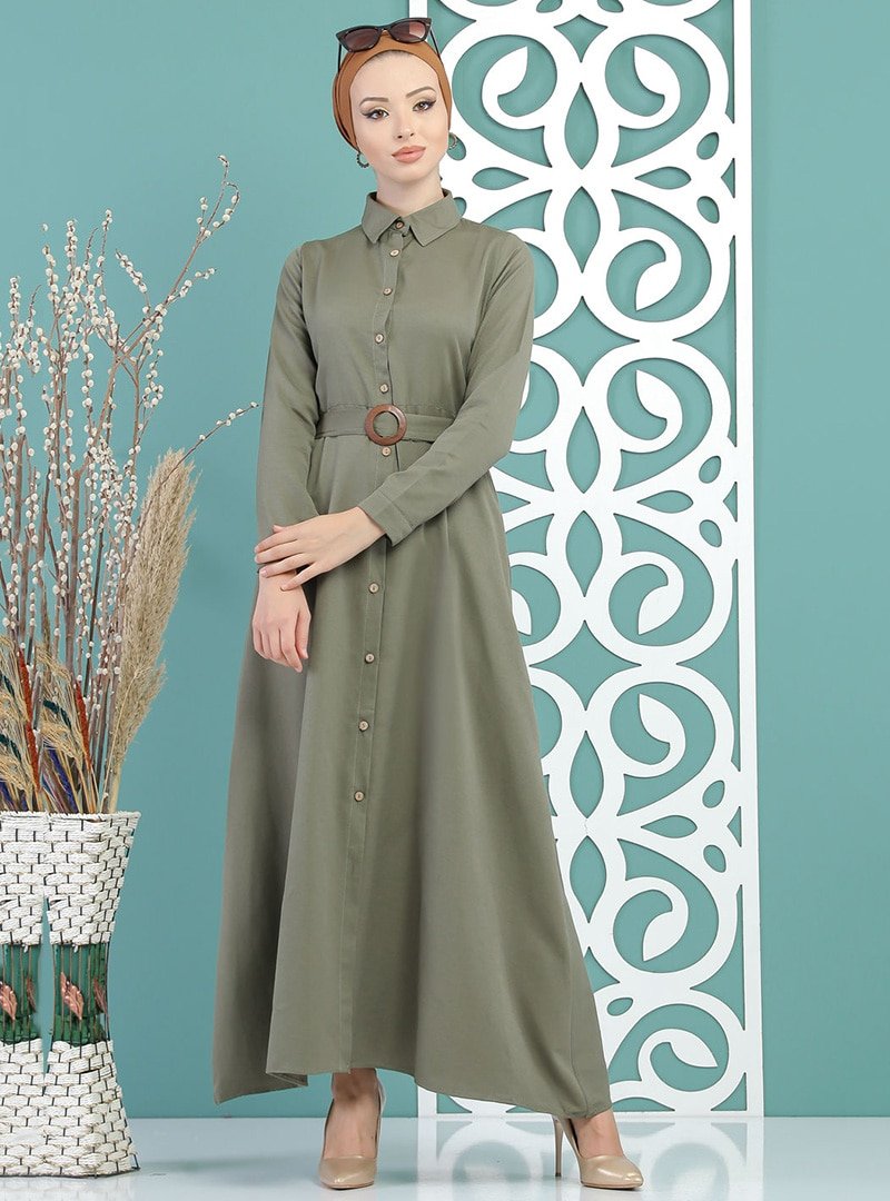 Tofisa Haki Boydan Düğme Detaylı Elbise