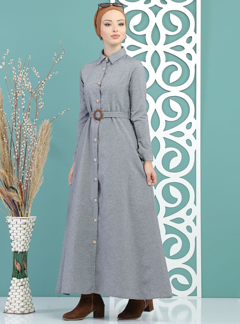 Tofisa Gri Boydan Düğme Detaylı Elbise