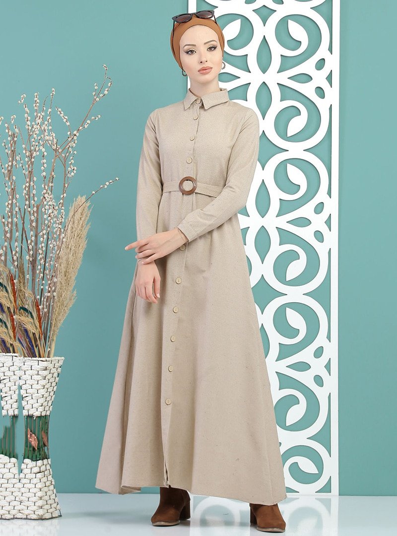Tofisa Vizon Boydan Düğme Detaylı Elbise