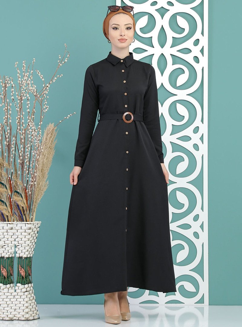 Tofisa Siyah Boydan Düğme Detaylı Elbise