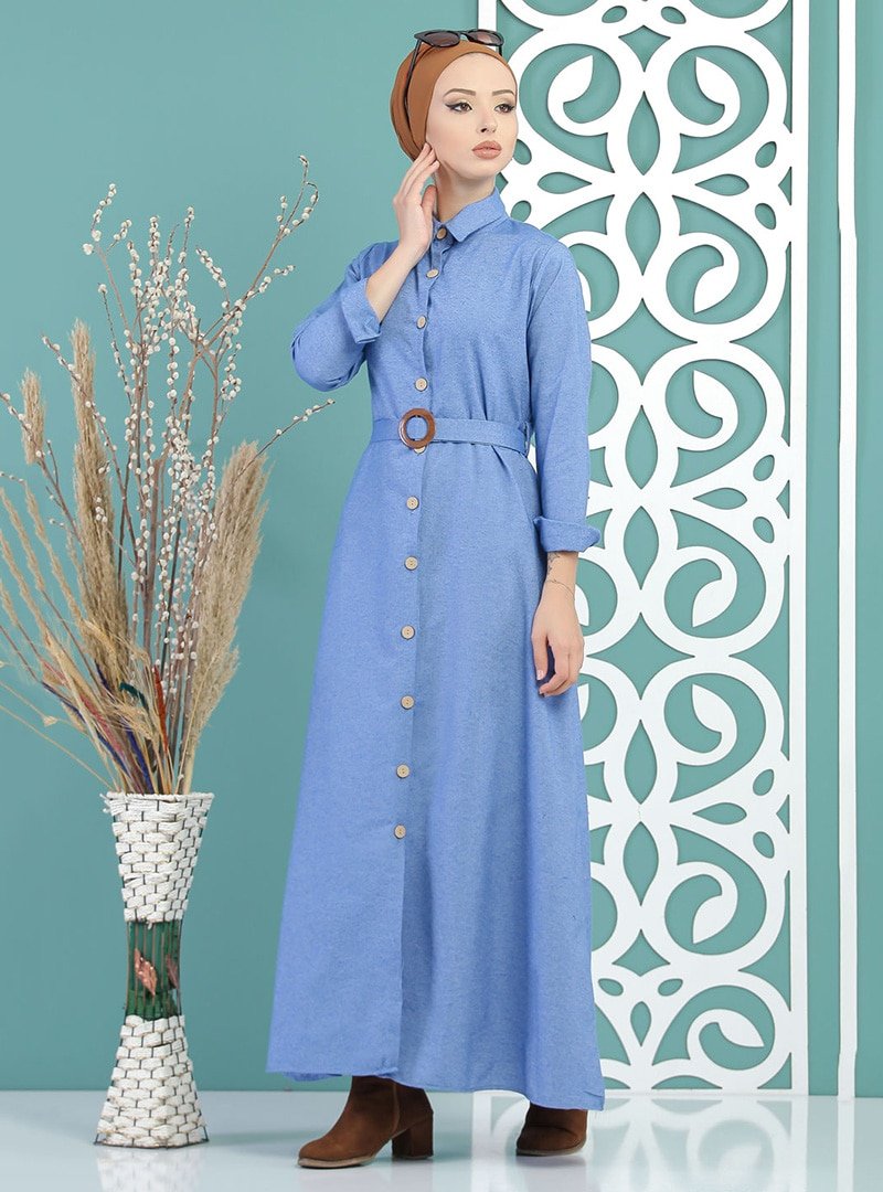 Tofisa Mavi Boydan Düğme Detaylı Elbise