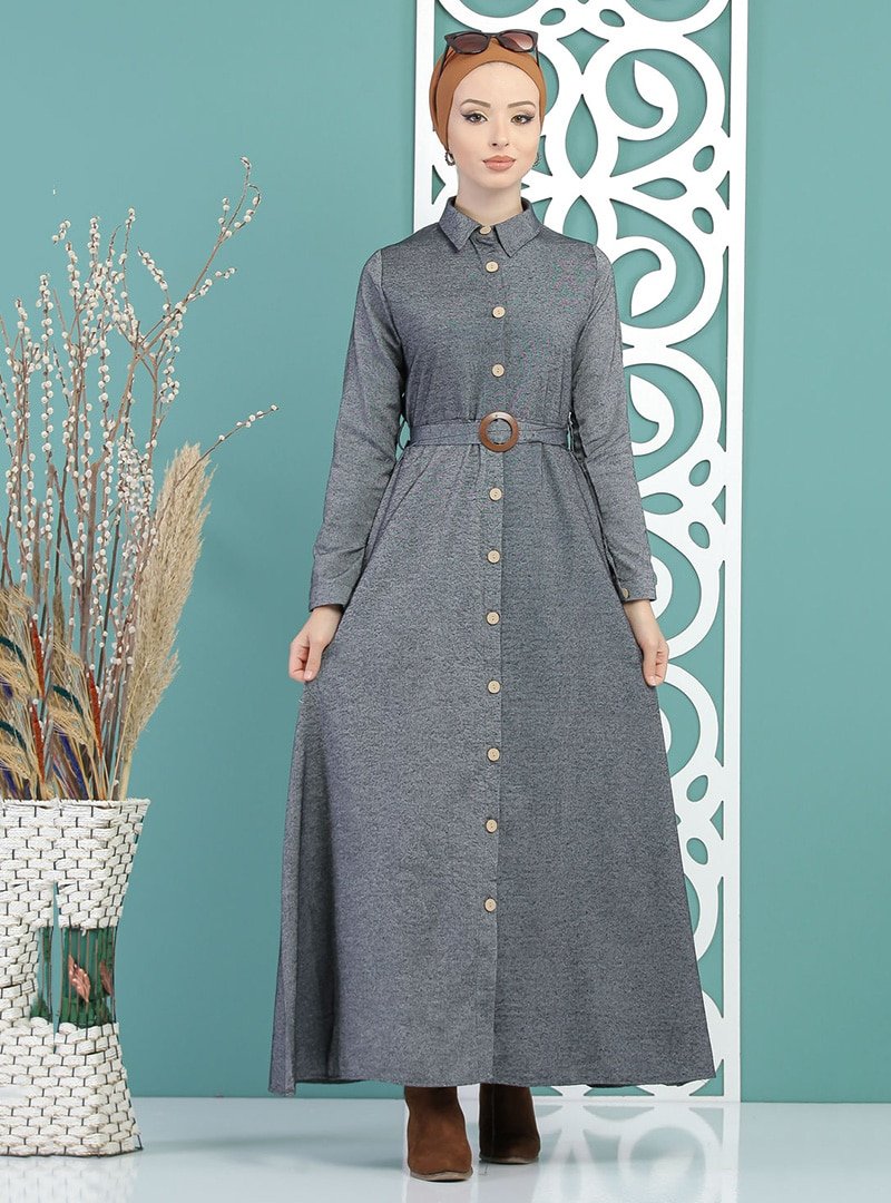 Tofisa Antrasit Boydan Düğme Detaylı Elbise