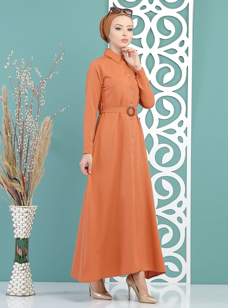 Tofisa Kiremit Boydan Düğme Detaylı Elbise