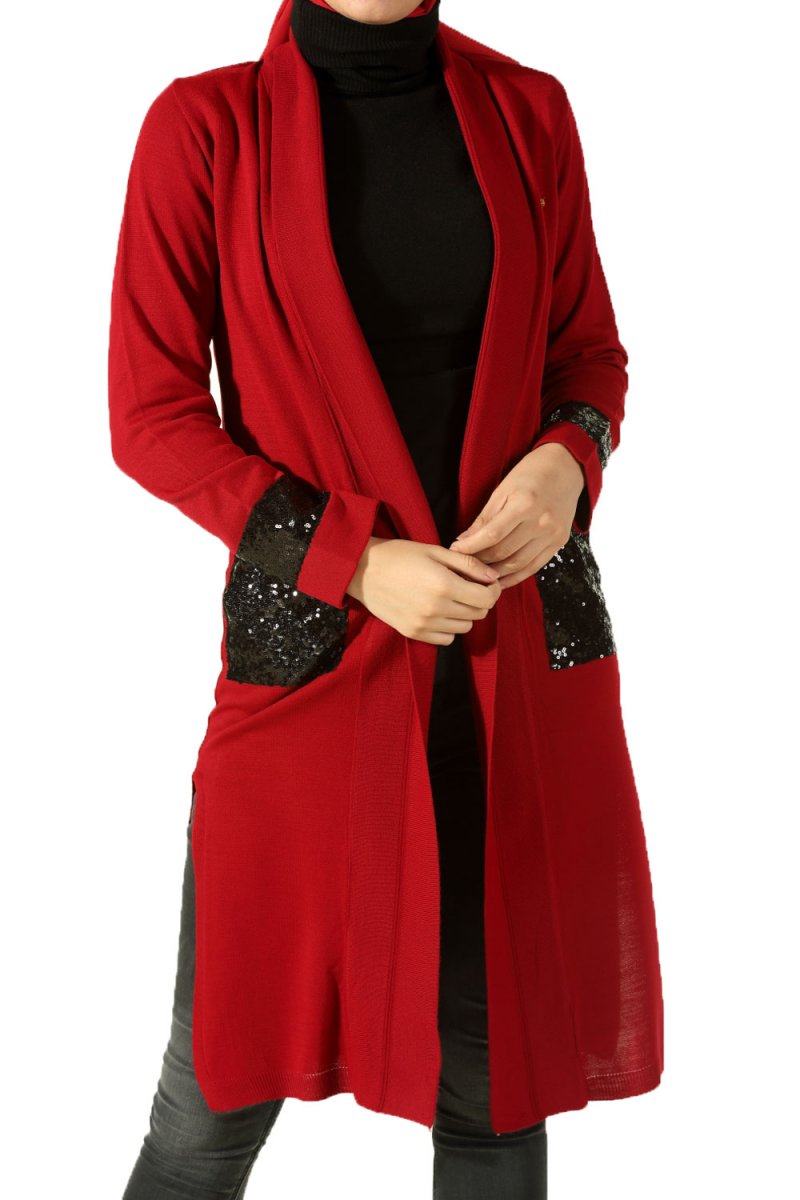 Allday Bordo Pul Payetli Triko Hırka