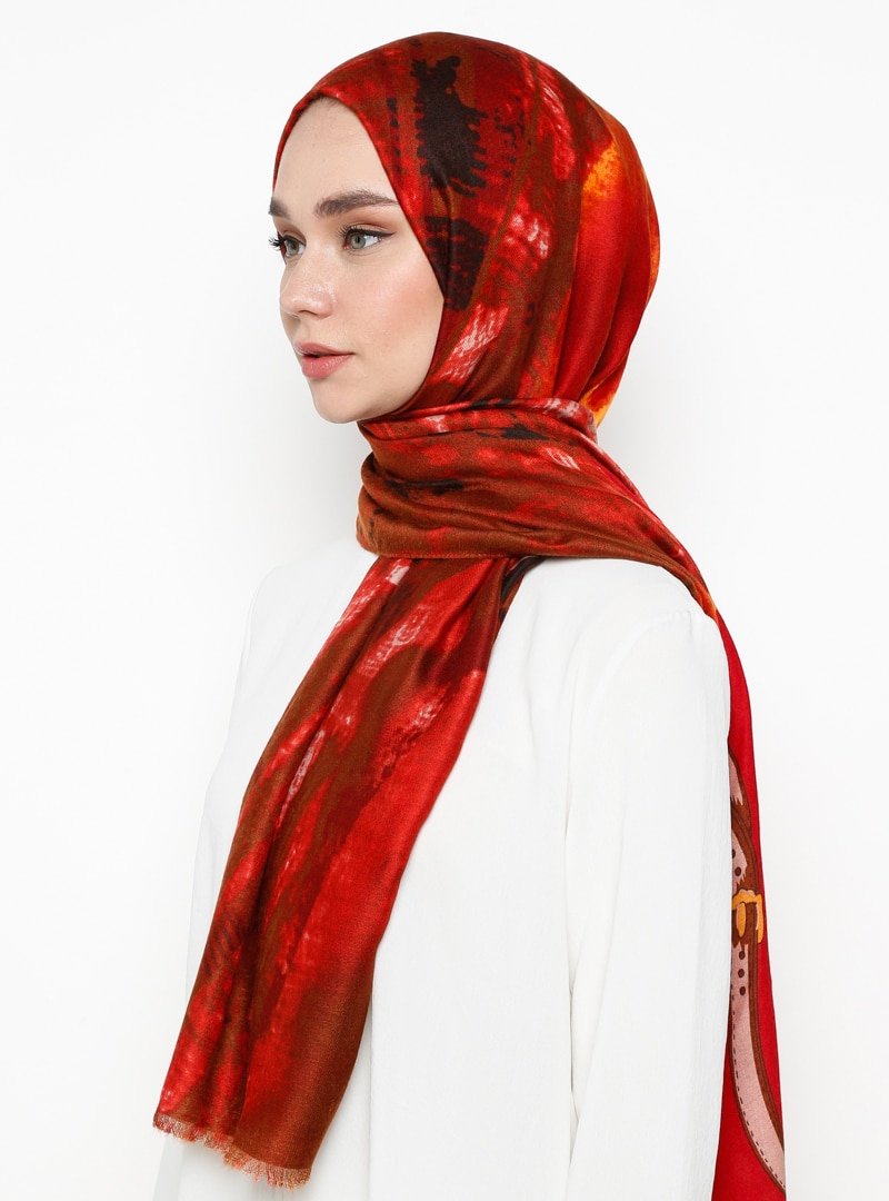 NW Accessory Kırmızı Yıldız Desenli Batikli Şal