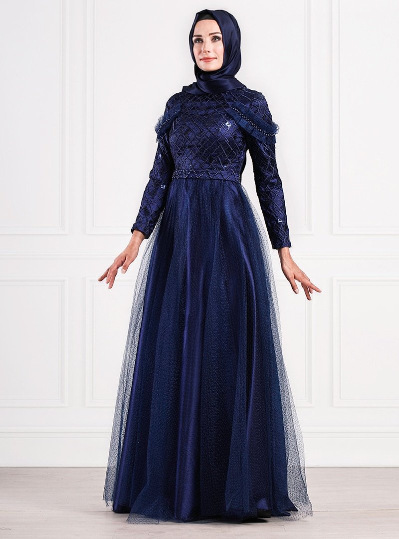 Moda Sinanlar Lacivert Lina Abiye Elbise