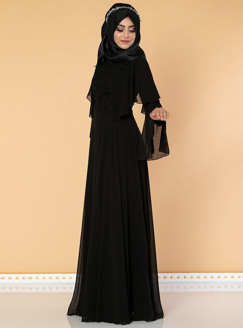 Moda Ravza Siyah Hürrem Taşlı Şifon Abiye Elbise