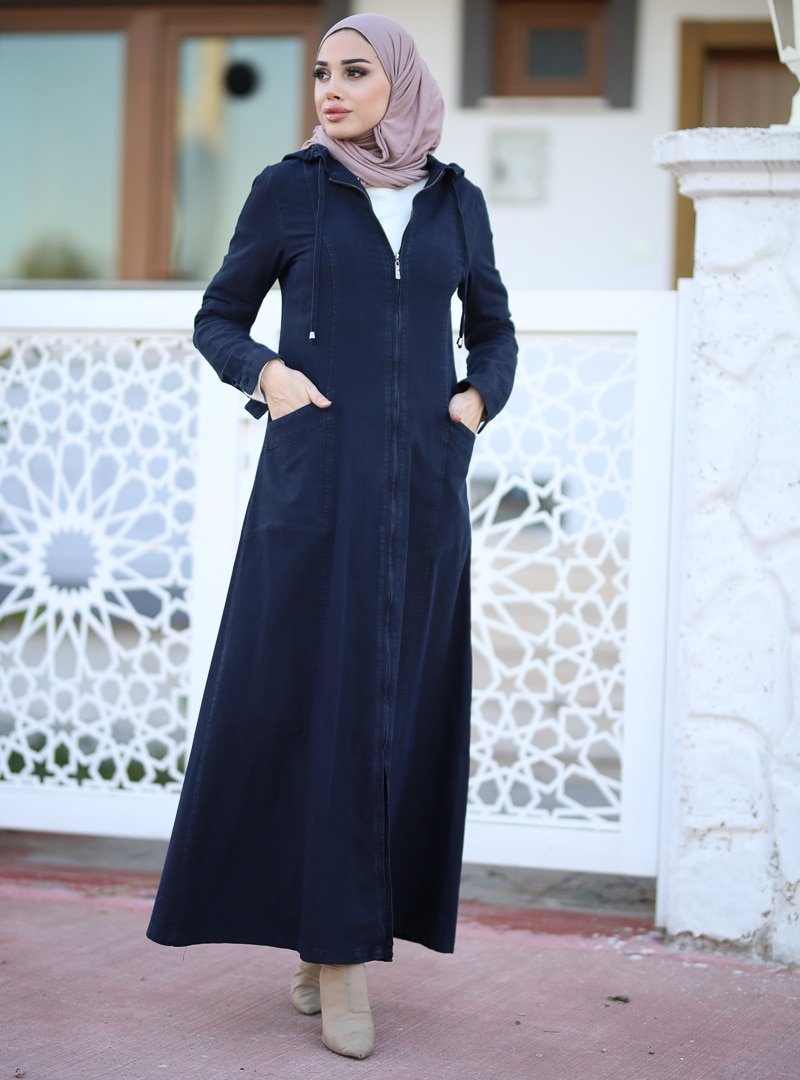 Neways Mavi Siyah Kot Fermuarli Ferace Devr I Tesettur