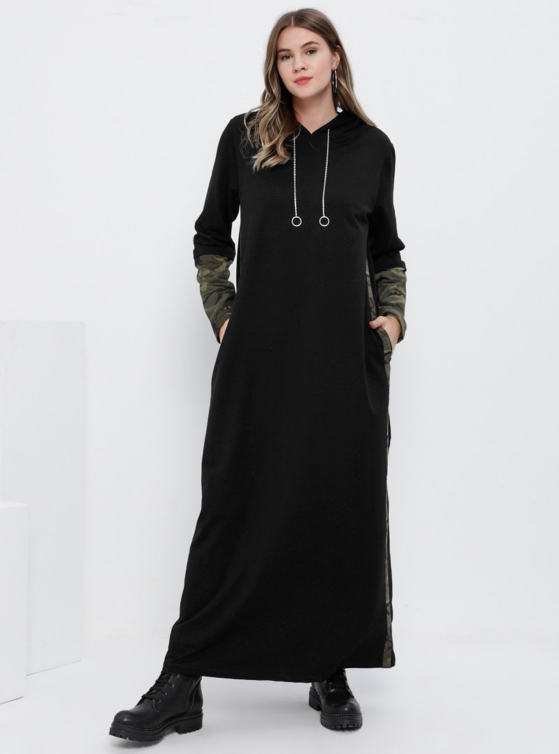 Alia Siyah Doğal Kumaşlı Kapüşonlu Desenli Elbise