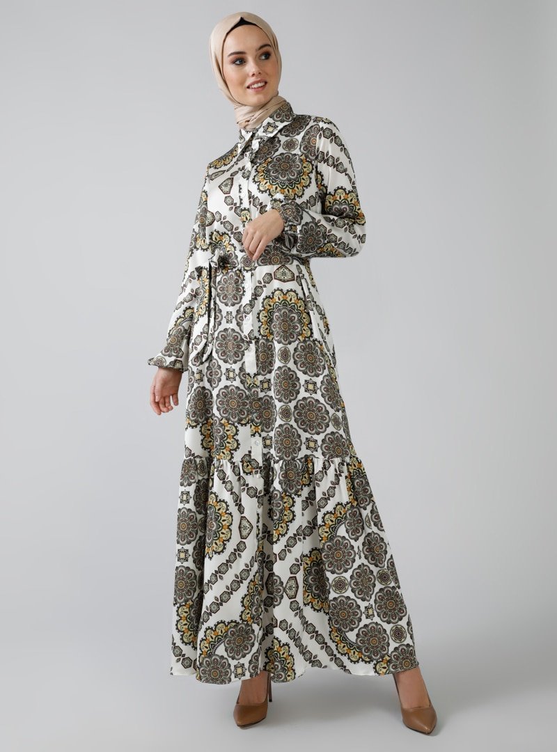 Refka Ekru Boydan Düğmeli Desenli Elbise