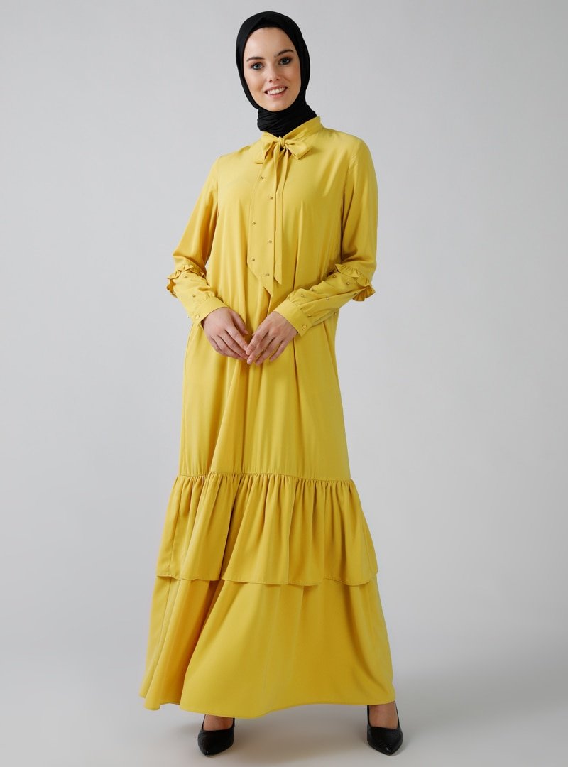 Refka Sarı İnci Detaylı Volanlı Elbise