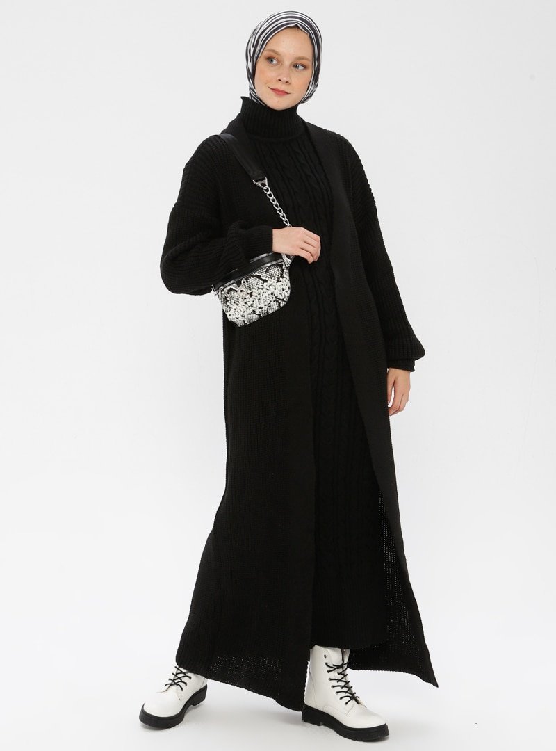 Veteks Line Siyah Triko Elbise&Uzun Hırka İkili Takım