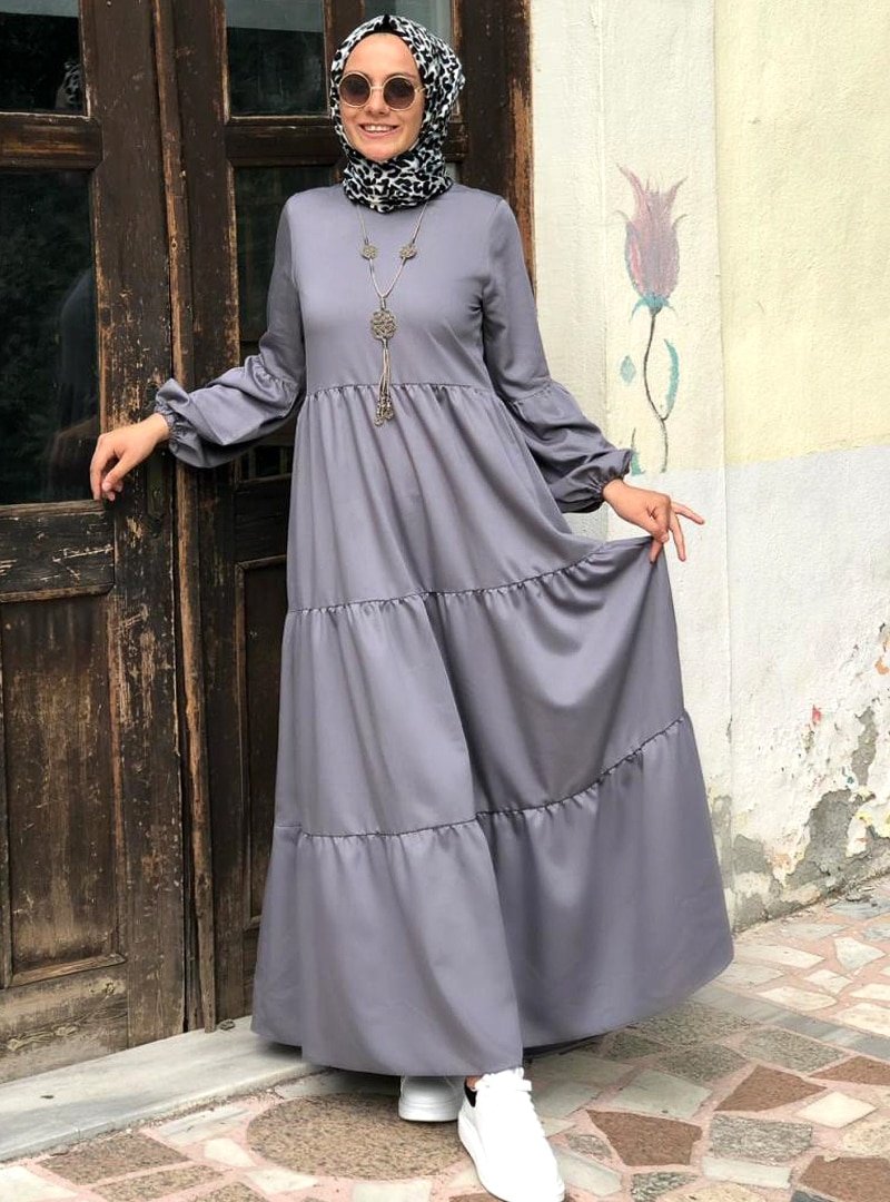 Kübra Biriktir Gri Salaş Elbise