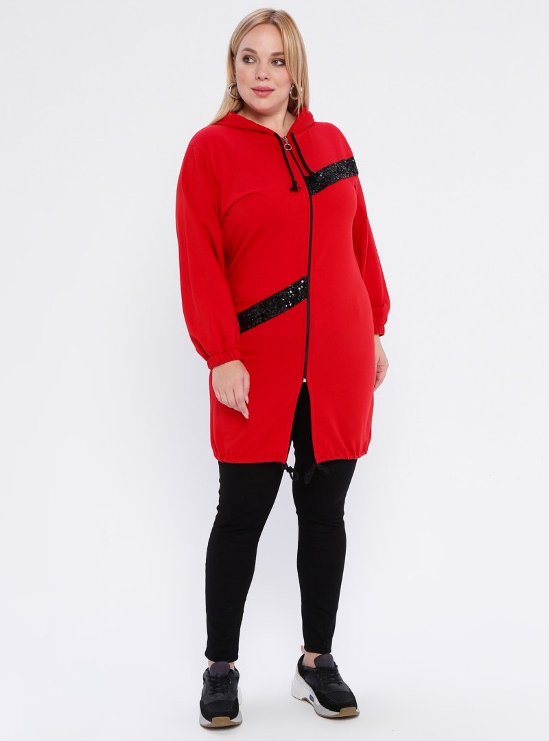 Genç Style Kırmızı Payet Detaylı Kapüşonlu Tunik