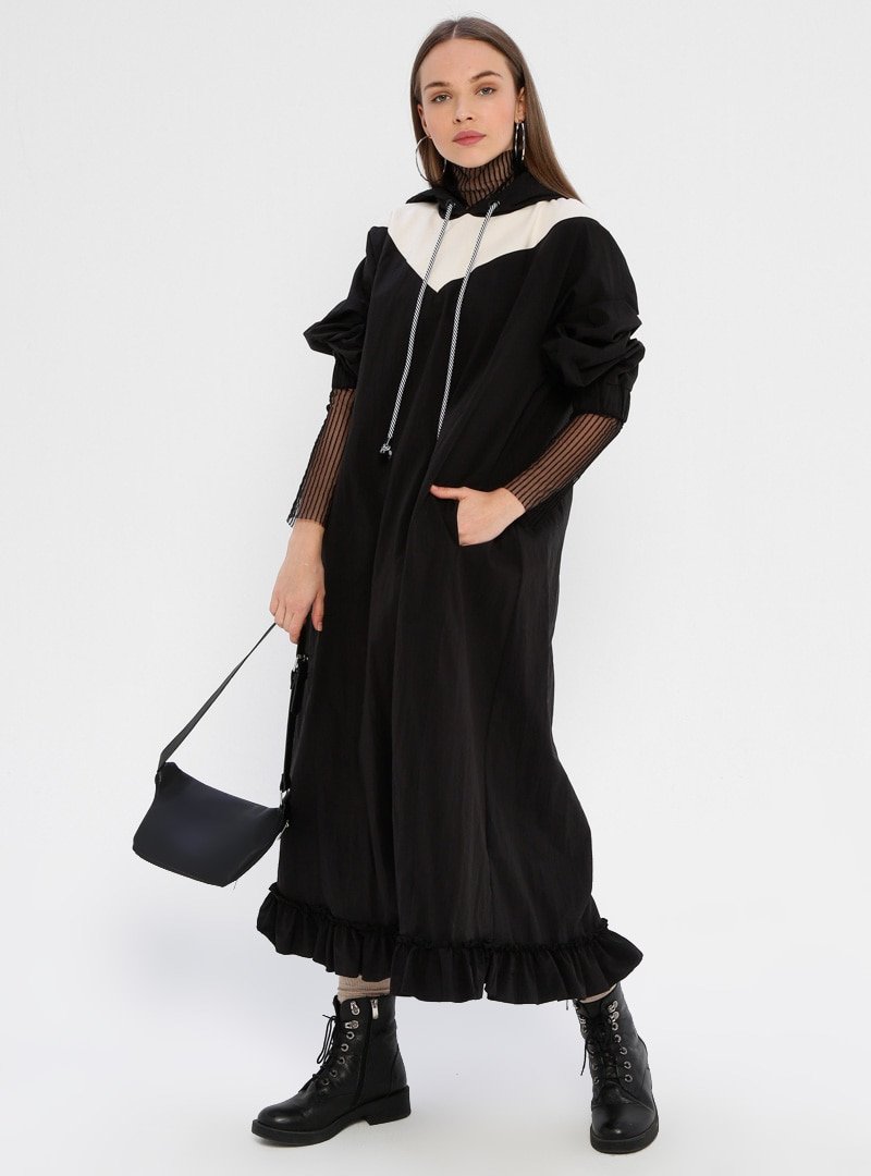 SOUL Siyah Volan Detaylı Kapüşonlu Elbise