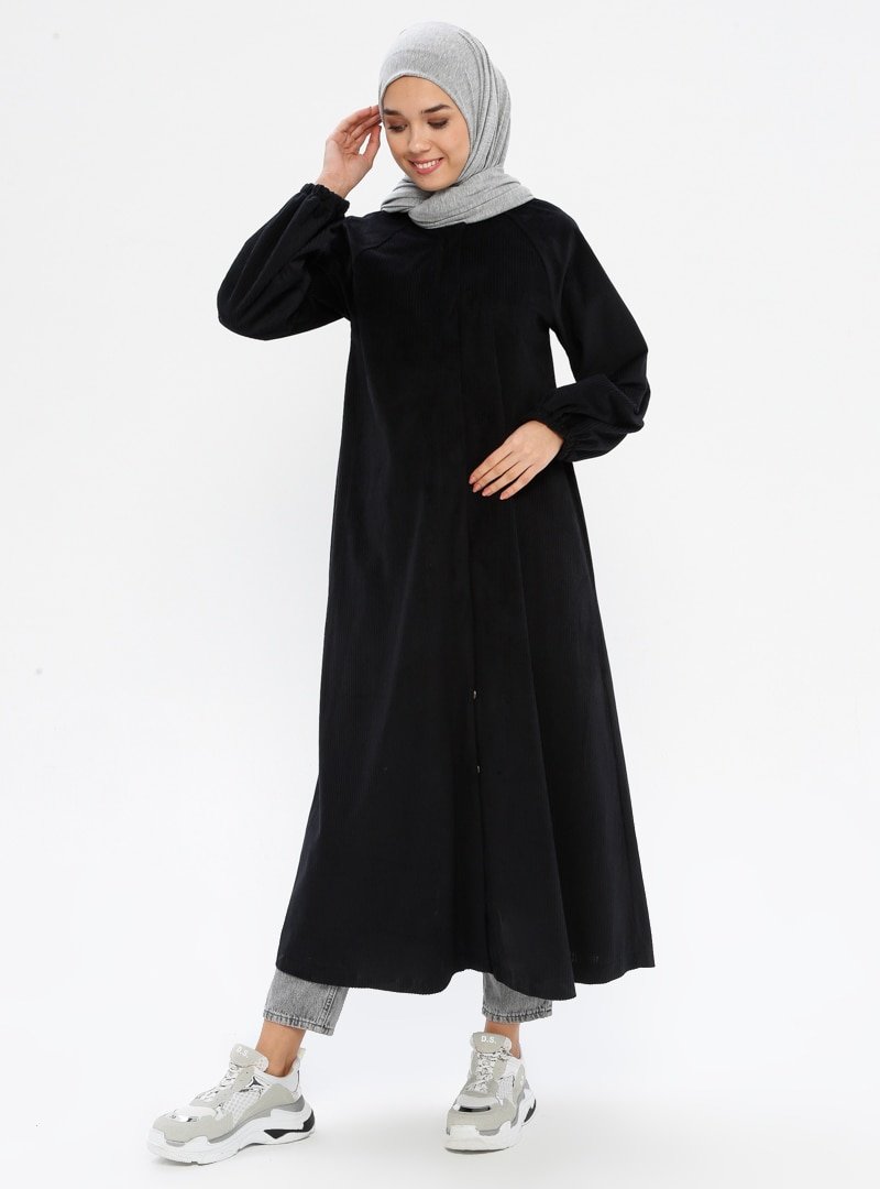 Panaline Siyah Boydan Çıtçıtlı Kadife Tunik Elbise