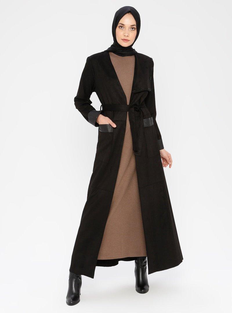 Jamila Siyah Cep Detaylı Ferace&Elbise İkili Takım