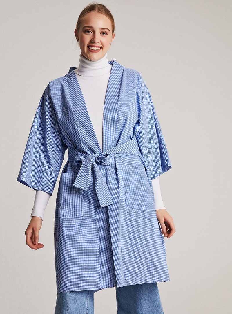Muni Muni Mavi Kemerli Doğal Kumaşlı Kimono