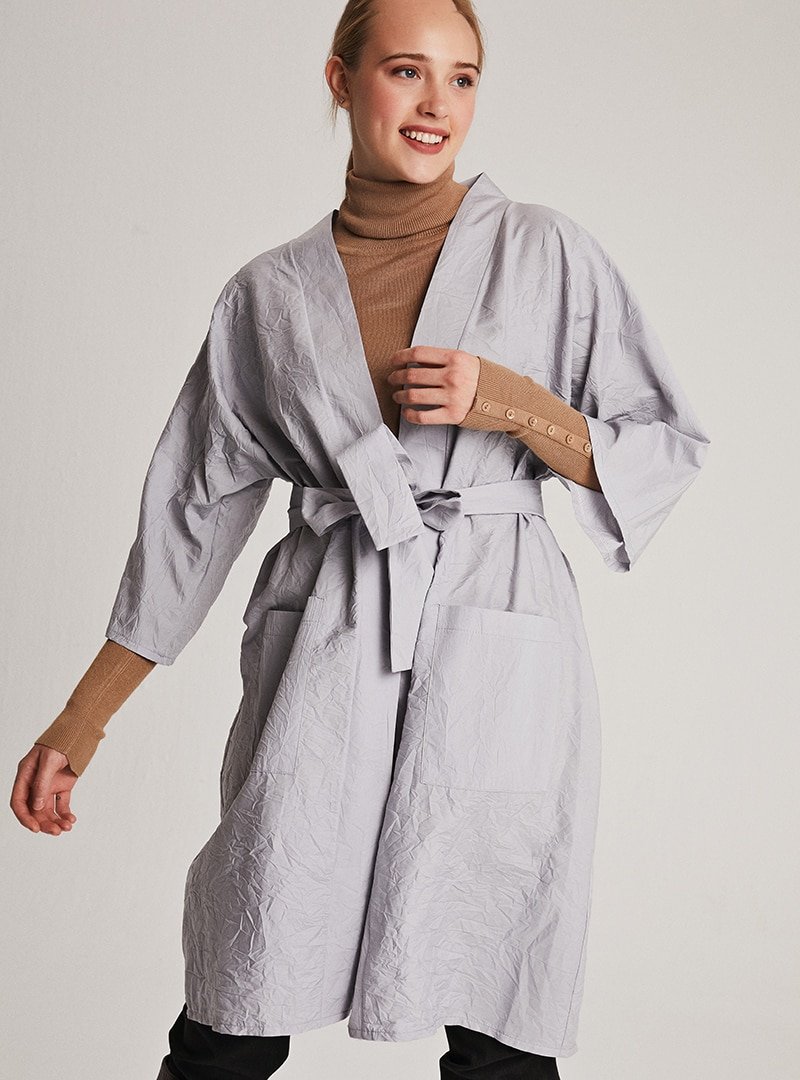 Muni Muni Gri Kemerli Doğal Kumaşlı Kimono