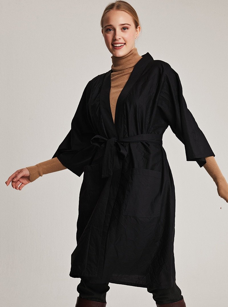 Muni Muni Siyah Kemerli Doğal Kumaşlı Kimono