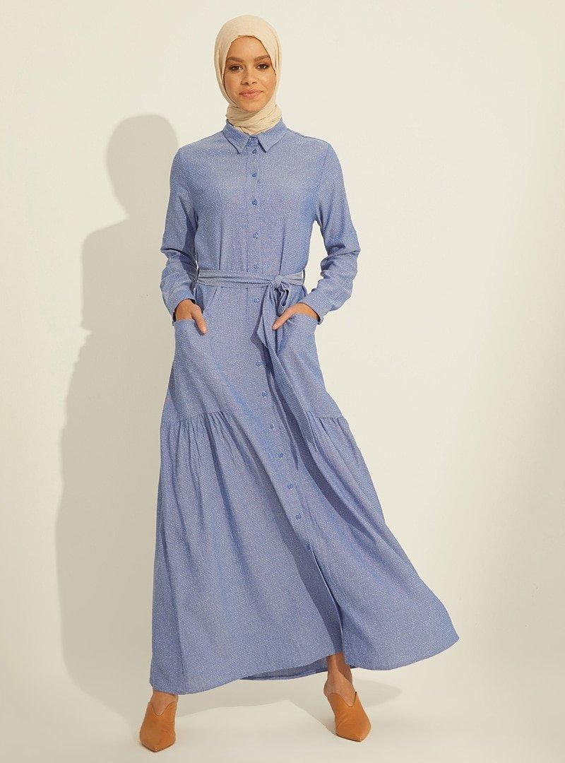Mnatural Mavi Boydan Düğmeli Cepli Elbise