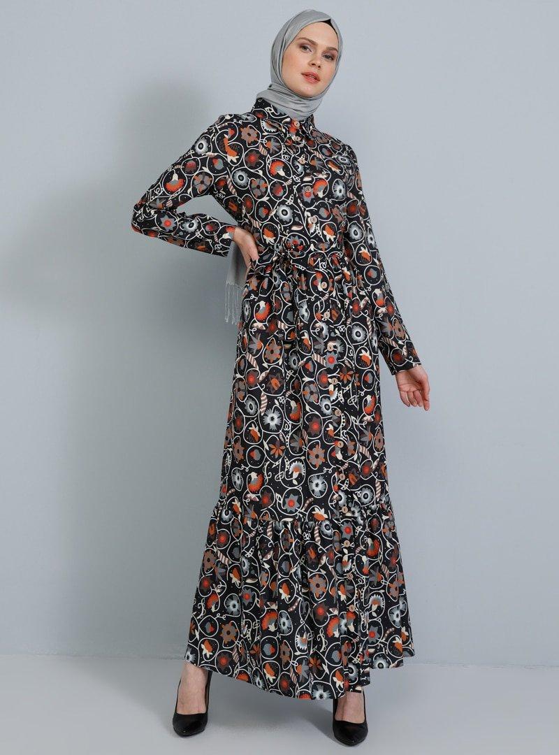 Tavin Siyah Boydan Düğmeli Desenli Elbise