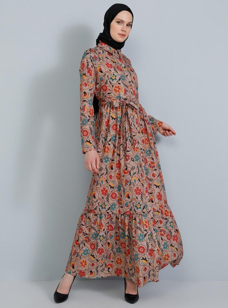 Tavin Vizon Boydan Düğmeli Desenli Elbise