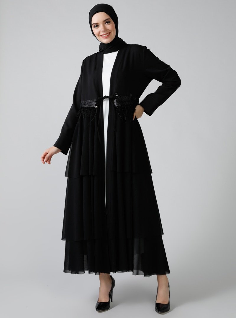 Refka Siyah Ekru Kolsuz Elbise&Payetli Ferace İkili Abiye Takım
