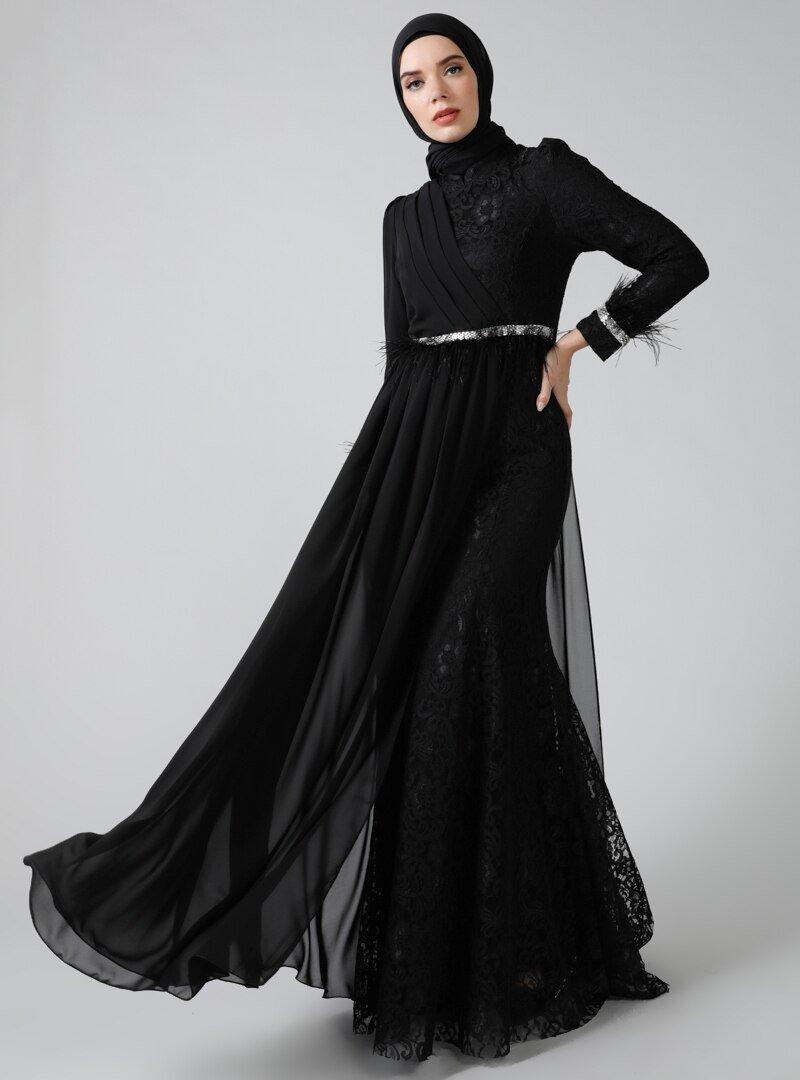 Refka Siyah Otriş Detaylı Dantelli Abiye Elbise