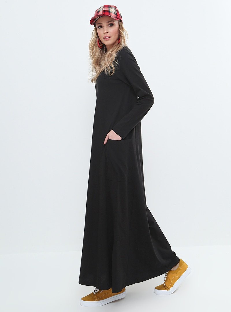 Everyday Basic Siyah Doğal Kumaşlı Cep Detaylı Elbise