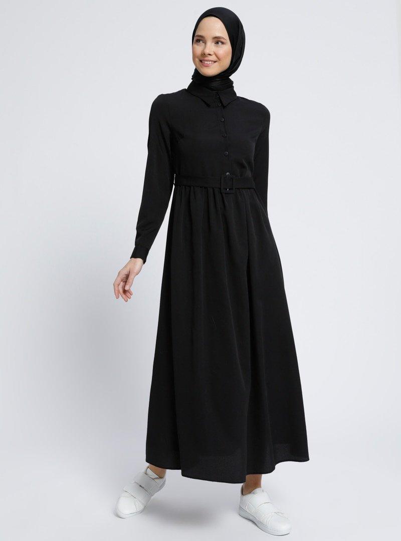 Everyday Basic Siyah Doğal Kumaşlı Kemer Detaylı Elbise