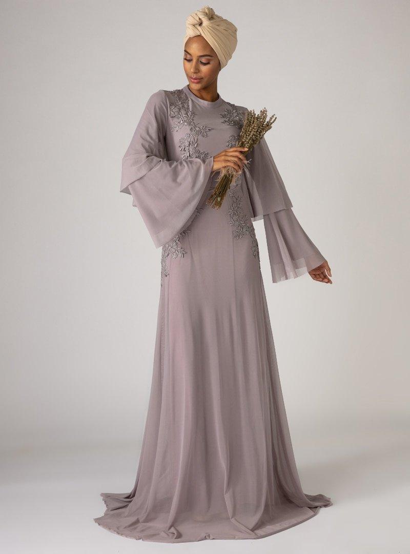 Mwedding Lila Güpür Detaylı Tüllü Abiye Elbise