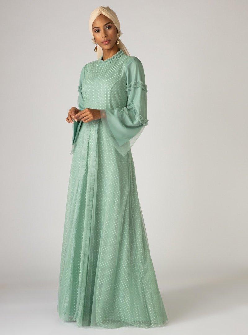 Mwedding Çağla Yeşili Fırfır Detaylı Tüllü Abiye Elbise