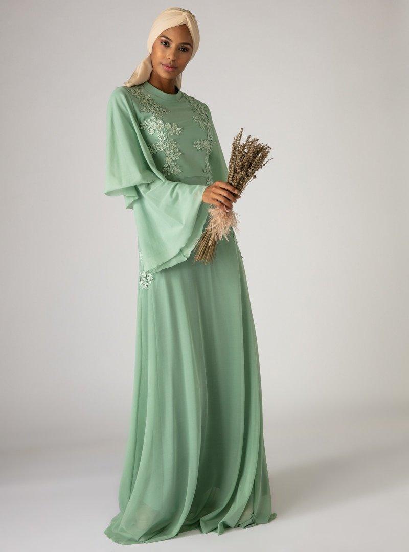Mwedding Çağla Yeşili Güpür Detaylı Tüllü Abiye Elbise
