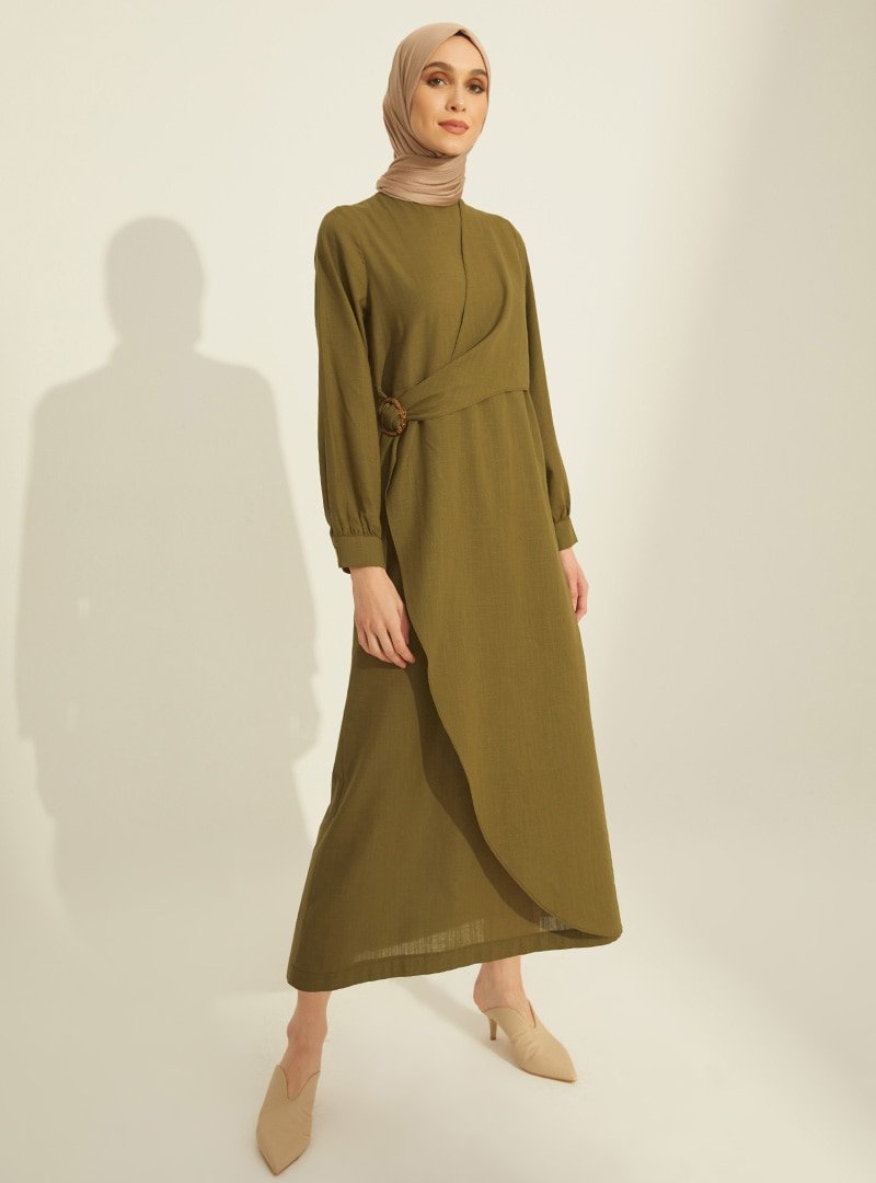 Mnatural Yeşil Doğal Kumaşlı Beli Tokalı Elbise