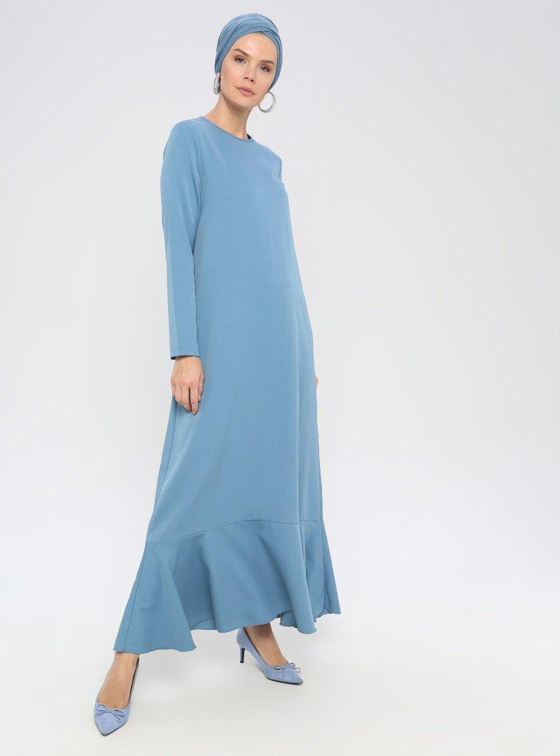 Meryem Acar Mavi Volan Detaylı Elbise