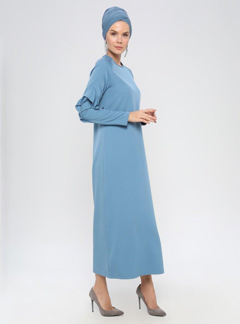 Meryem Acar Mavi Volan Detaylı Elbise