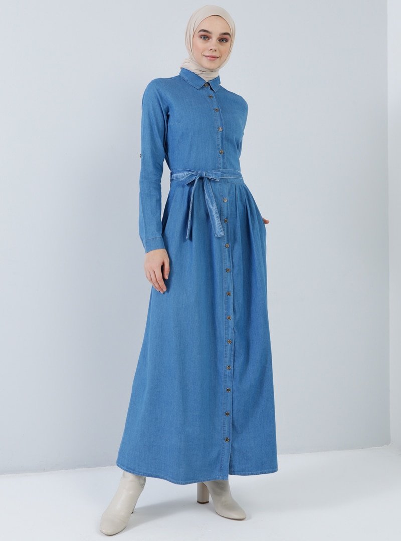 Benin Açık Mavi Doğal Kumaşlı Boydan Düğmeli Kot Elbise