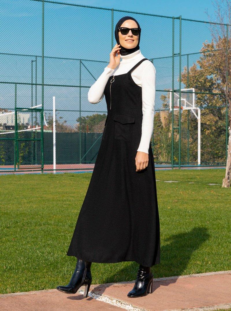 Refka Siyah Fermuar Detaylı Cepli Kolsuz Elbise