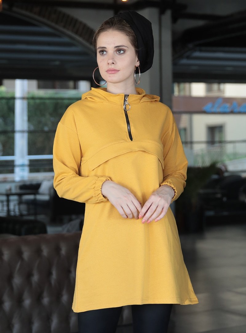 Selma Sarı Design Hardal Fermuarlı Kapüşonlu Sweatshirt