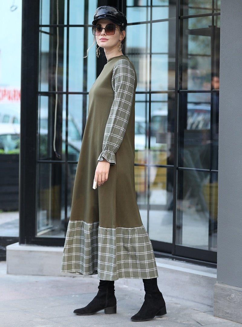 Selma Sarı Design Haki Ekose Garnili Elbise