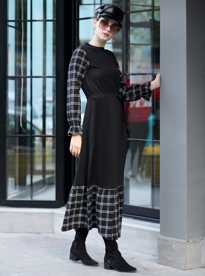 Selma Sarı Design Siyah Ekose Garnili Elbise