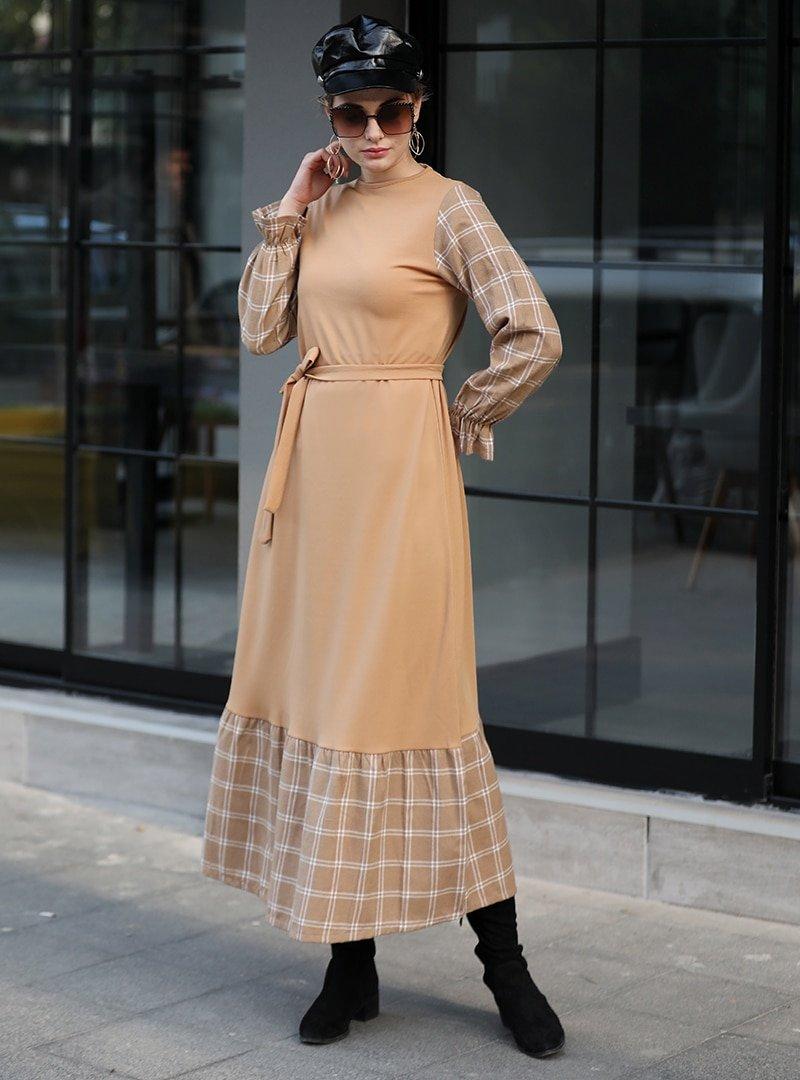 Selma Sarı Design Hardal Ekose Garnili Elbise